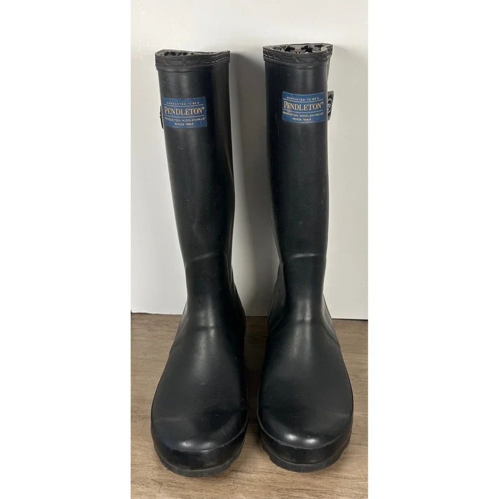 Pendleton Womens 10 Tall Black Rubber Rain Boots Geometric Buckle‎ Waterproof